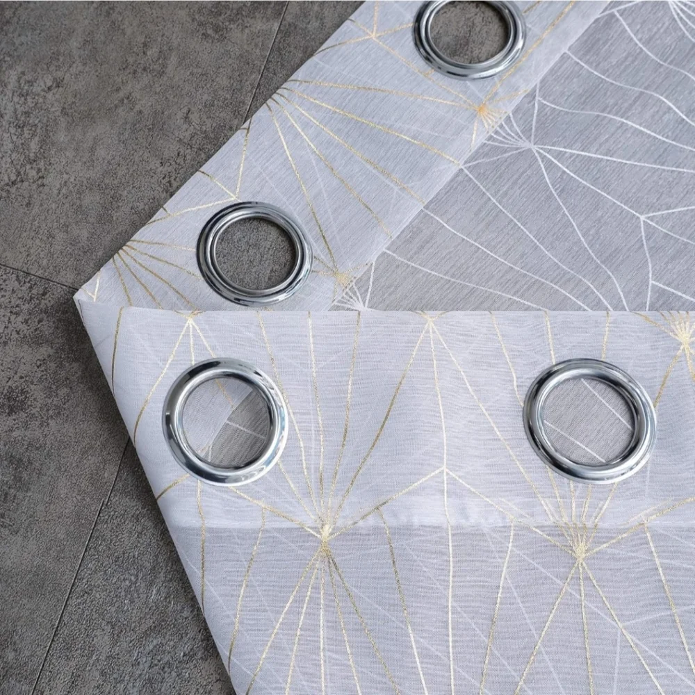 White Sheer Curtains With Gold Foil Geometric Pattern H63